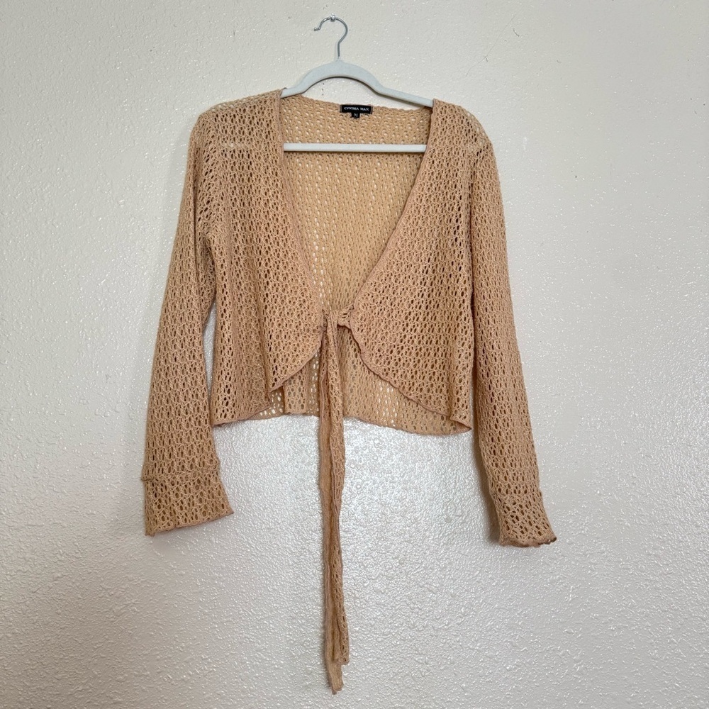 Cynthia Max Open Knit Tie Cropped Cardigan